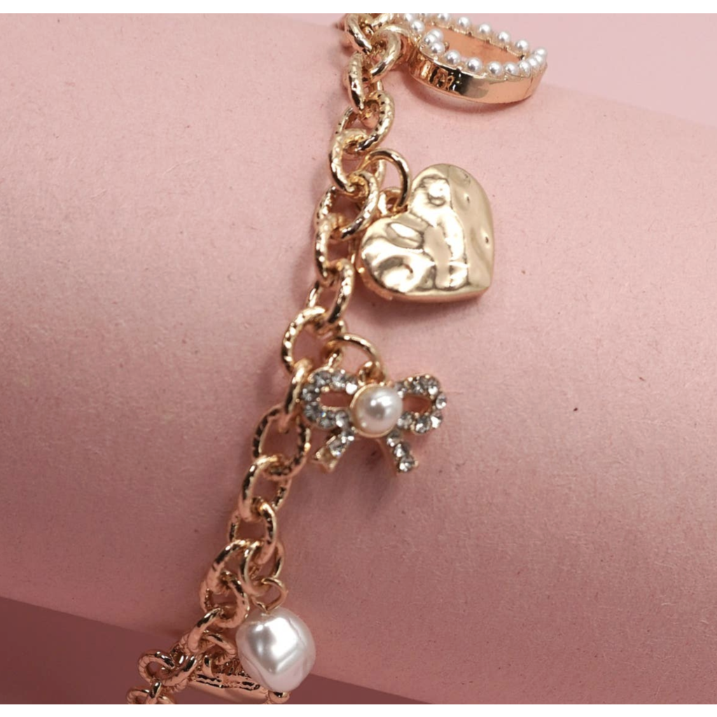 Bow Heart Pearl Charm Bracelet