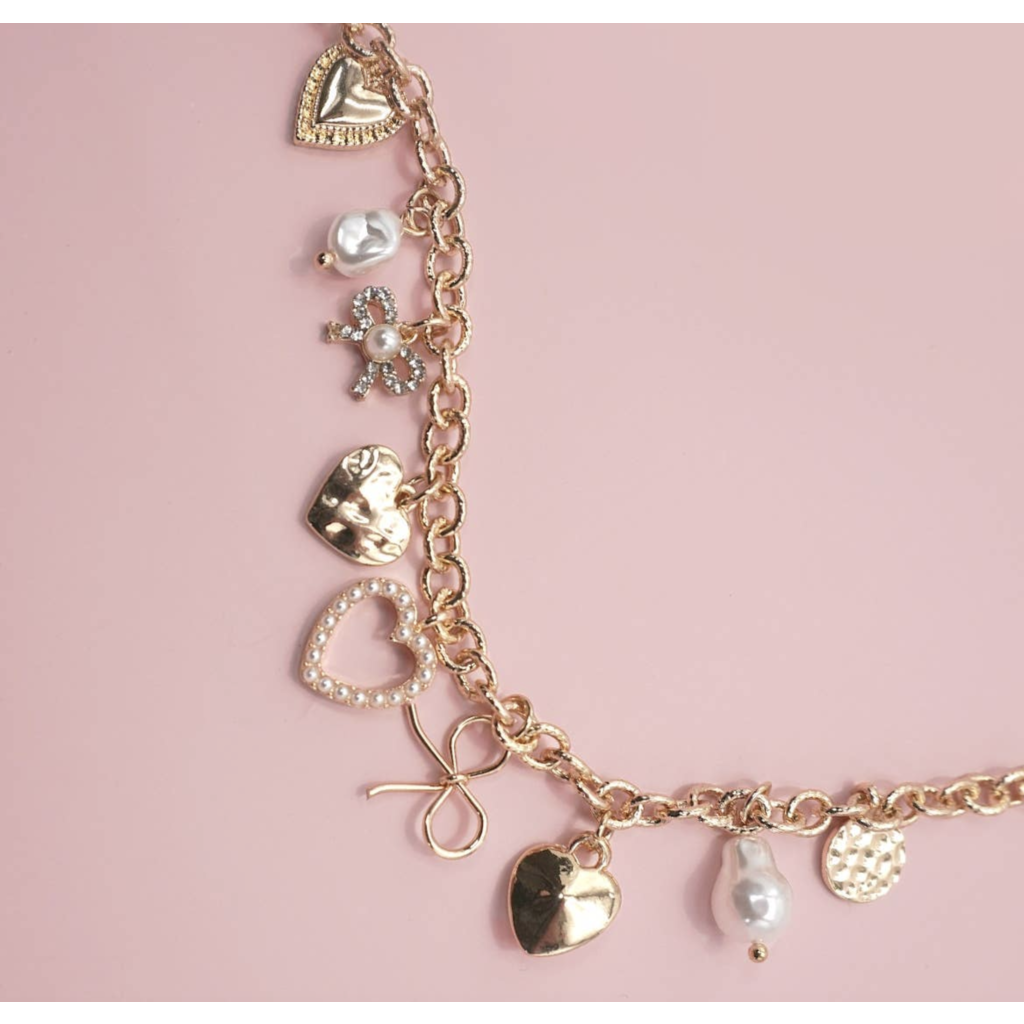 Bow Heart Pearl Charm Bracelet