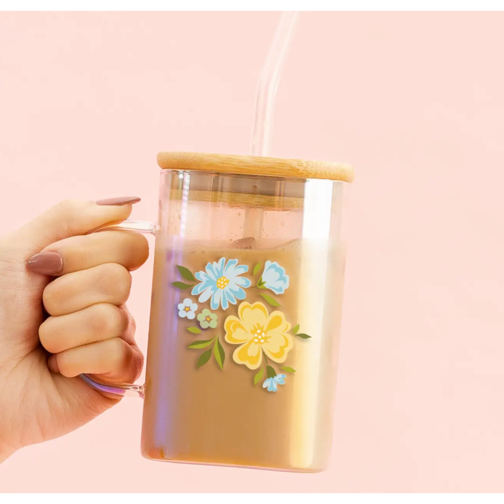 Floral Blue + Yellow Square Glass Cup