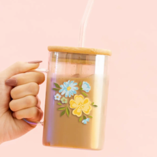 Floral Blue + Yellow Square Glass Cup