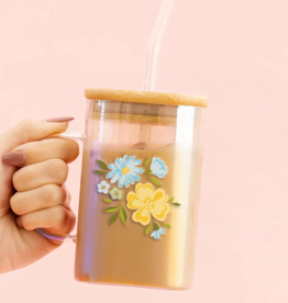 Floral Blue + Yellow Square Glass Cup