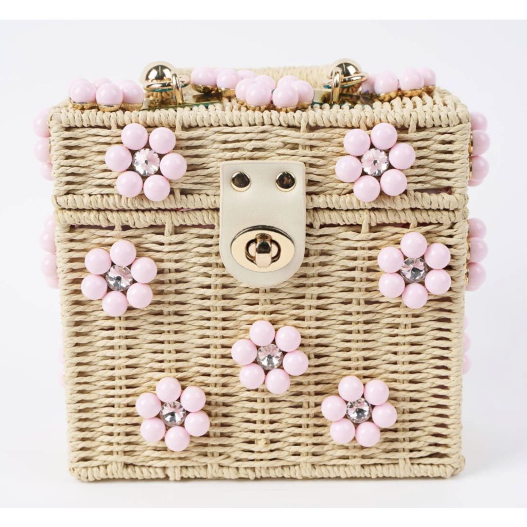 Wicker Bucket Daisy Flower Purse - Cream/Light Pink