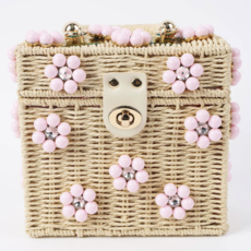 Wicker Bucket Daisy Flower Purse - Cream/Light Pink