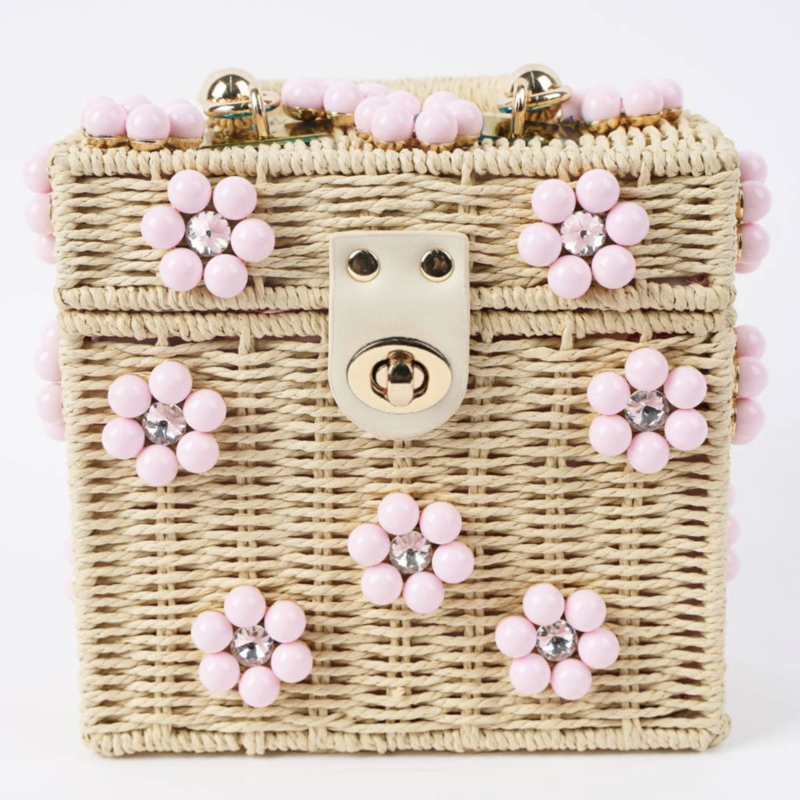 Wicker Bucket Daisy Flower Purse - Light Pink