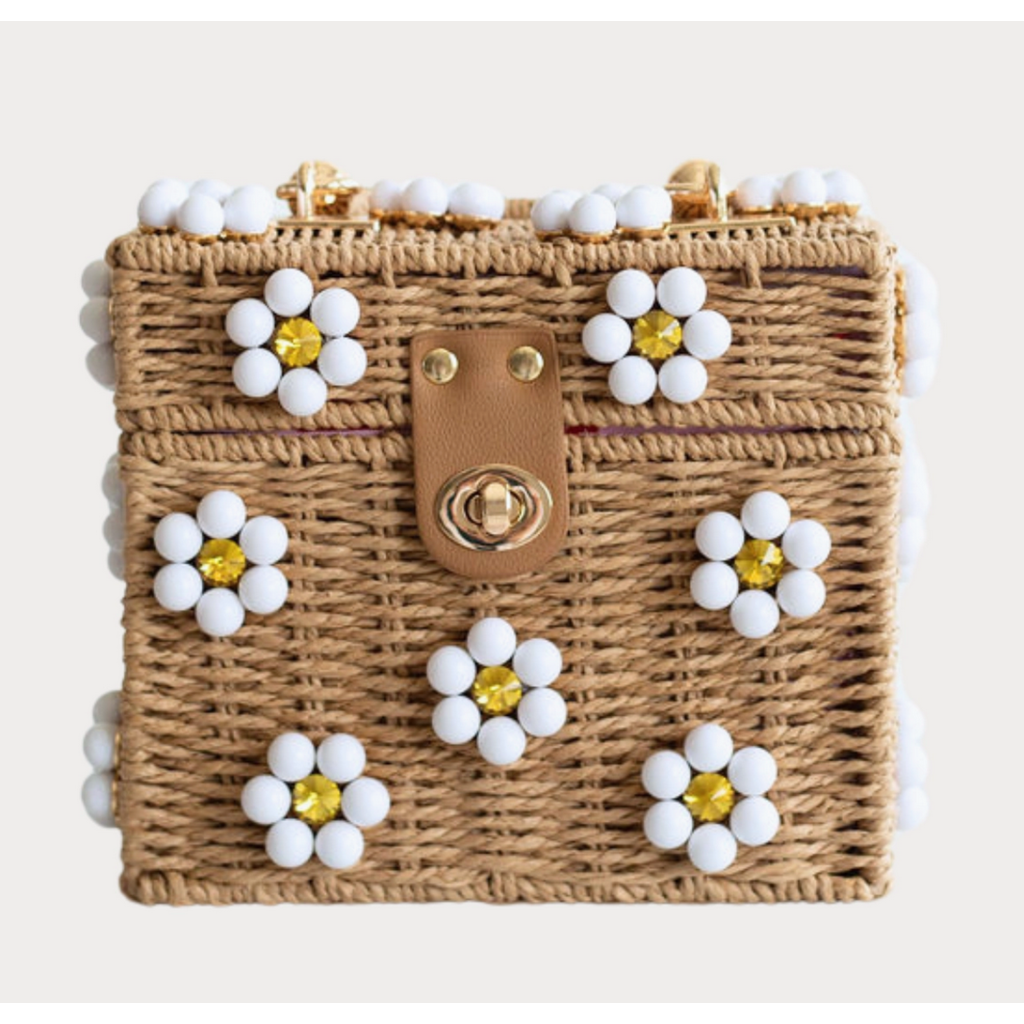White Daisy Wicker Bucket Purse