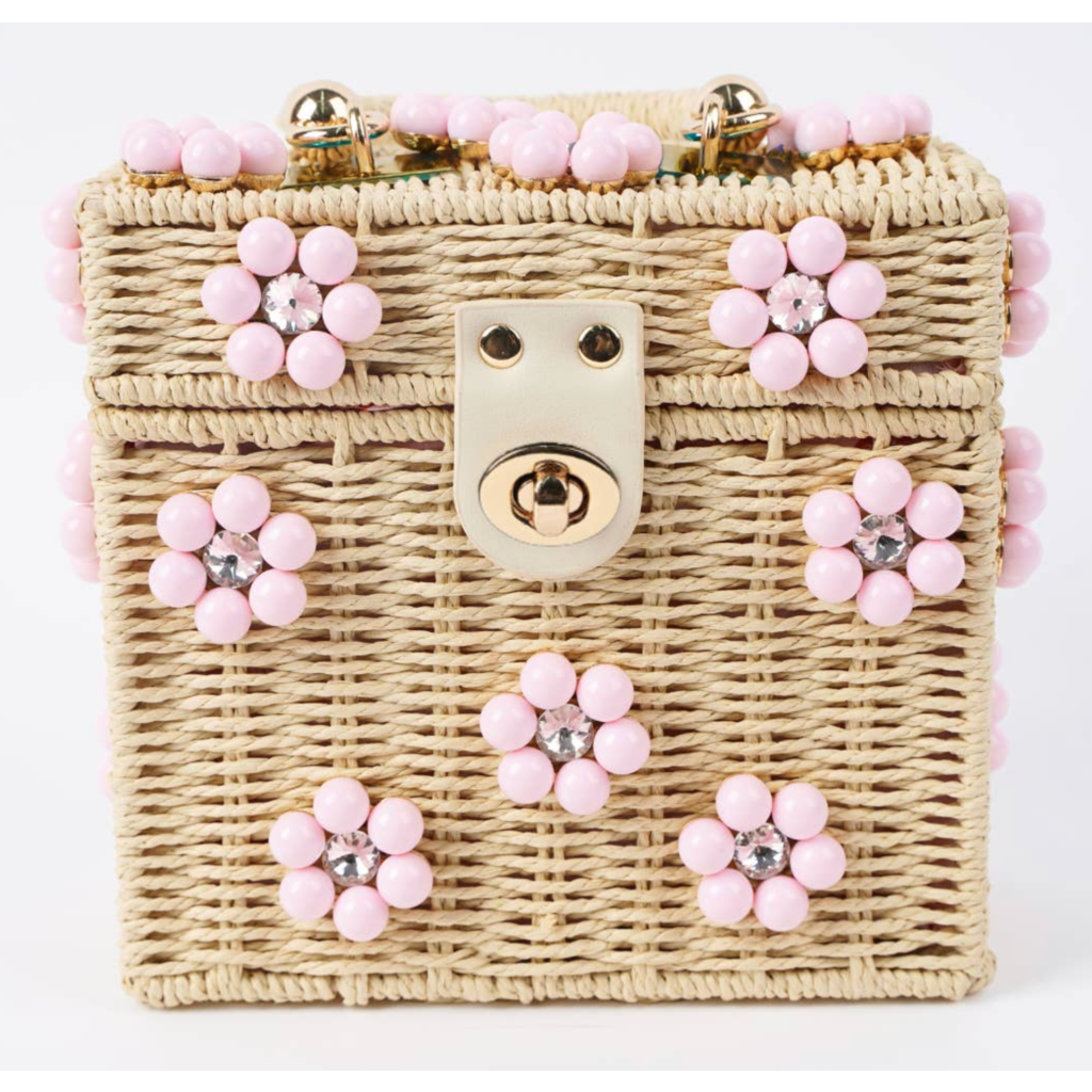 Wicker Bucket Daisy Flower Purse - Cream/Light Pink