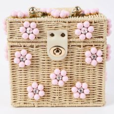Wicker Bucket Daisy Flower Purse - Cream/Light Pink
