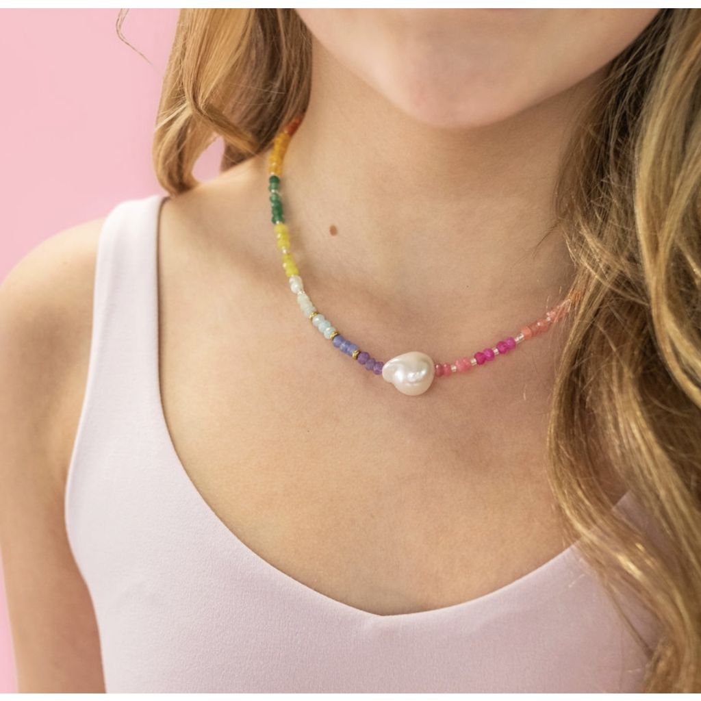 Color Pop Rainbow Pearl Gemstone Bead Necklace