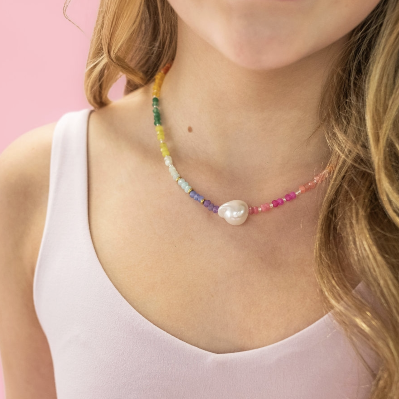 Color Pop Rainbow Pearl Gemstone Bead Necklace