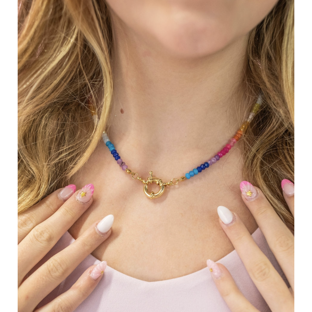 Color Block Rainbow Gemstone Bead Necklace