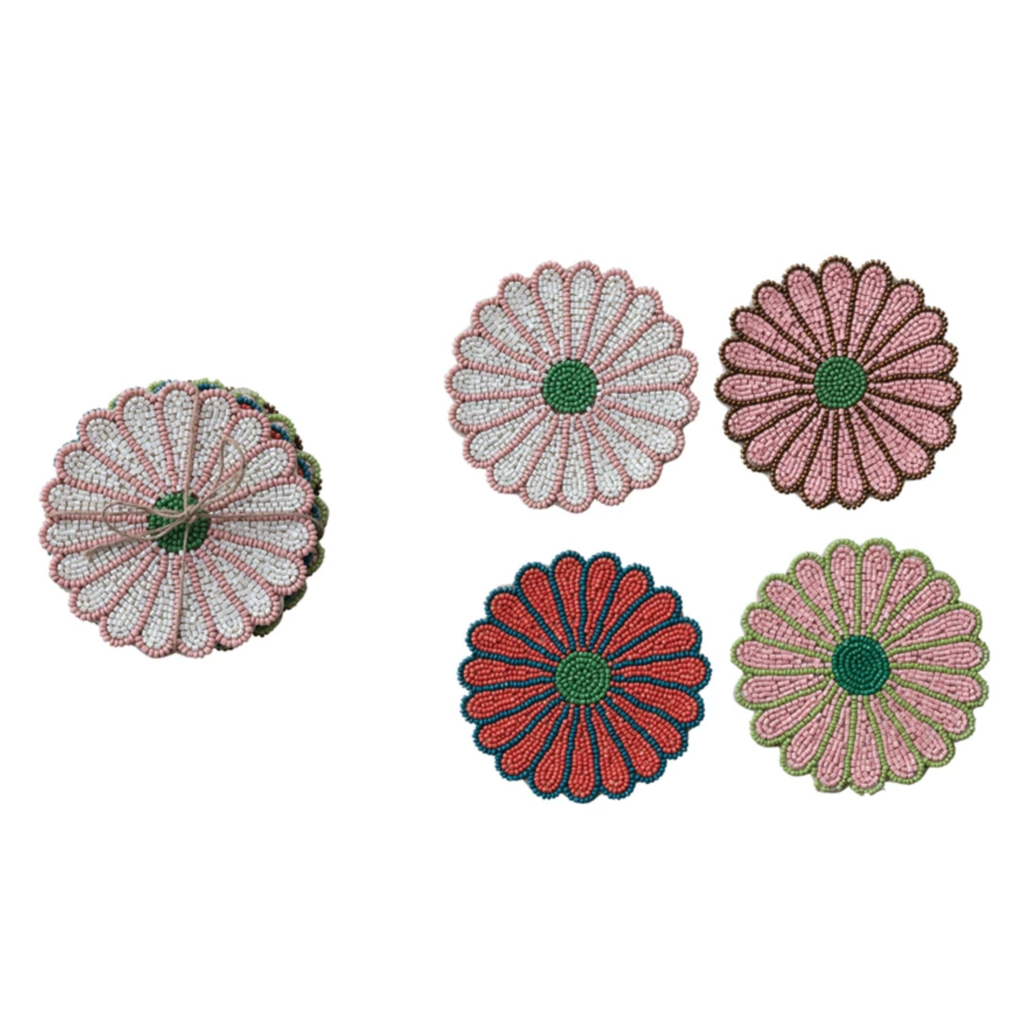 Glass Beaded Flower Shaped Coasters Set of 4