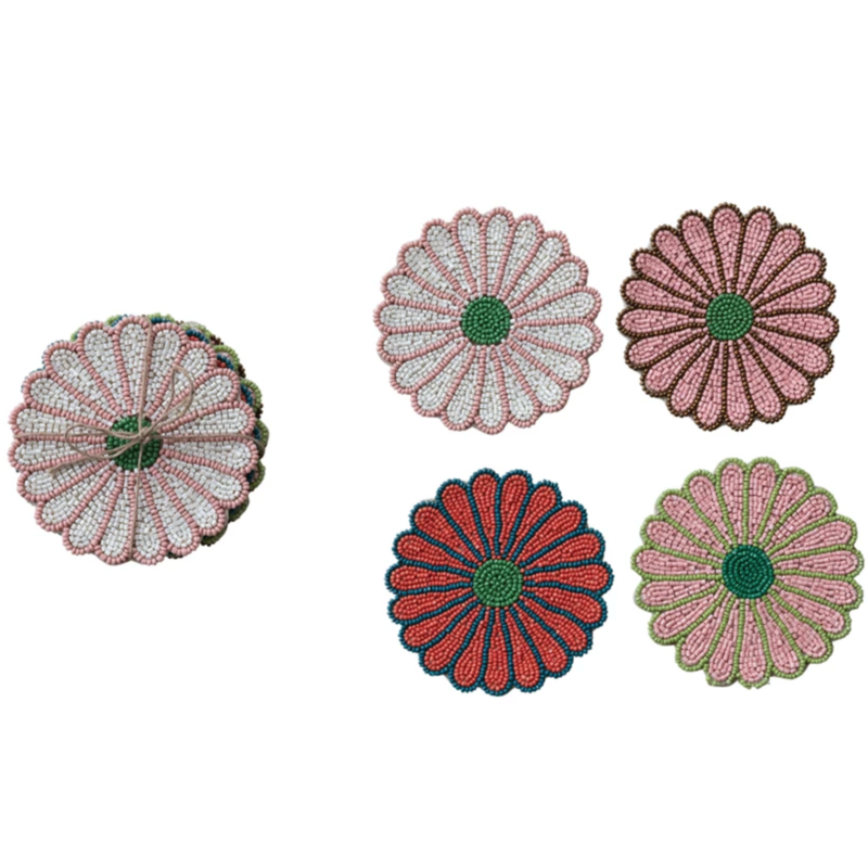 Glass Beaded Flower Shaped Coasters Set of 4