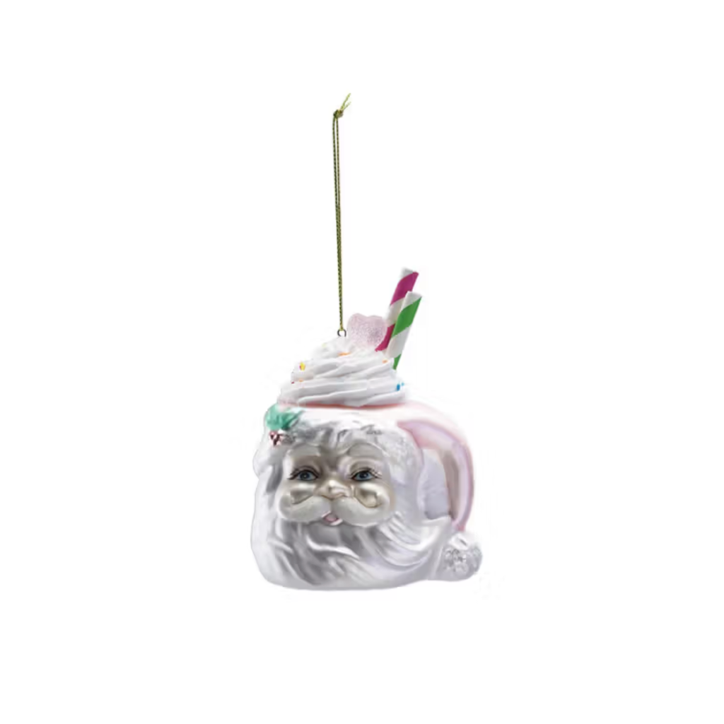 Glass Santa Head Mug Ornament with Whipped Cream & Straws
