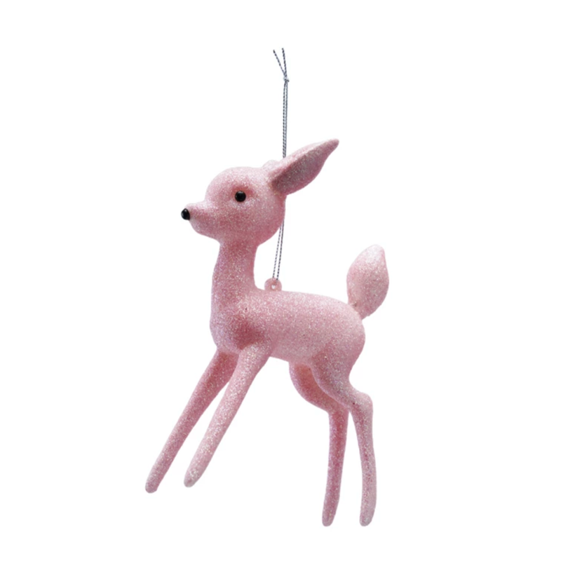 Plastic Deer Ornament with Pink Glitter