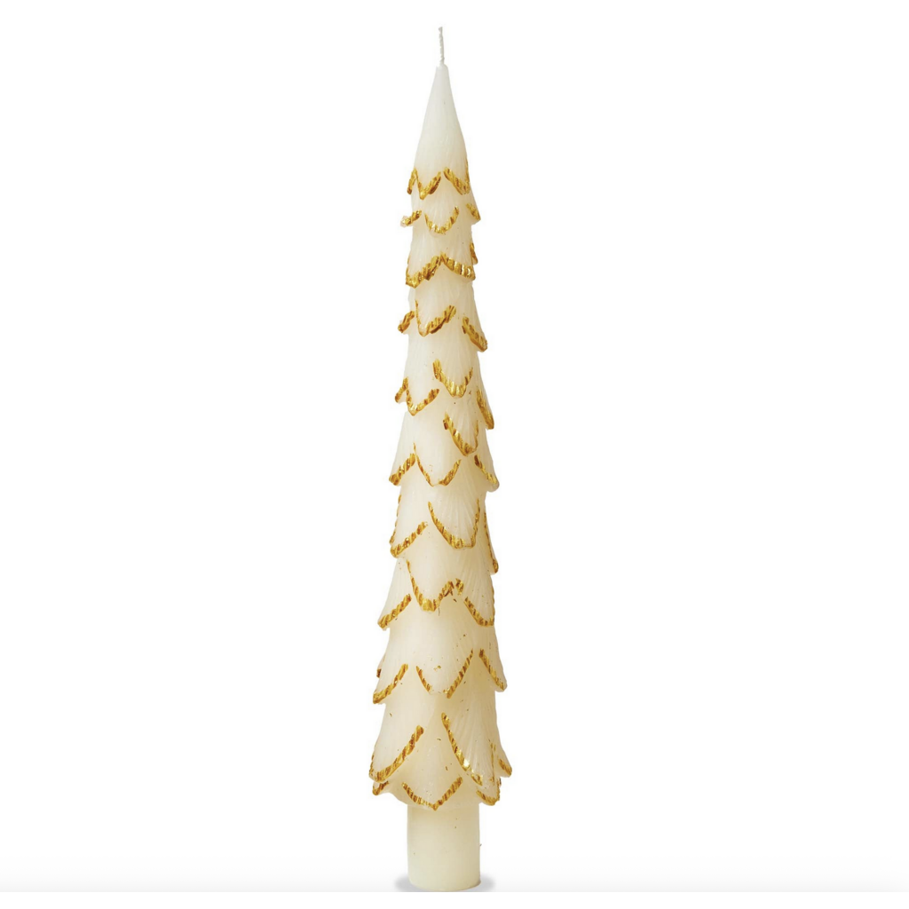 Ivory Gilded Pine Tree Taper Candle - Set of 2