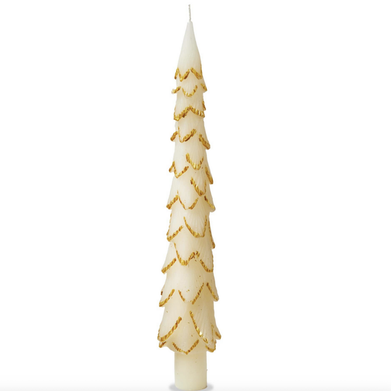 Ivory Gilded Pine Tree Taper Candle - Set of 2