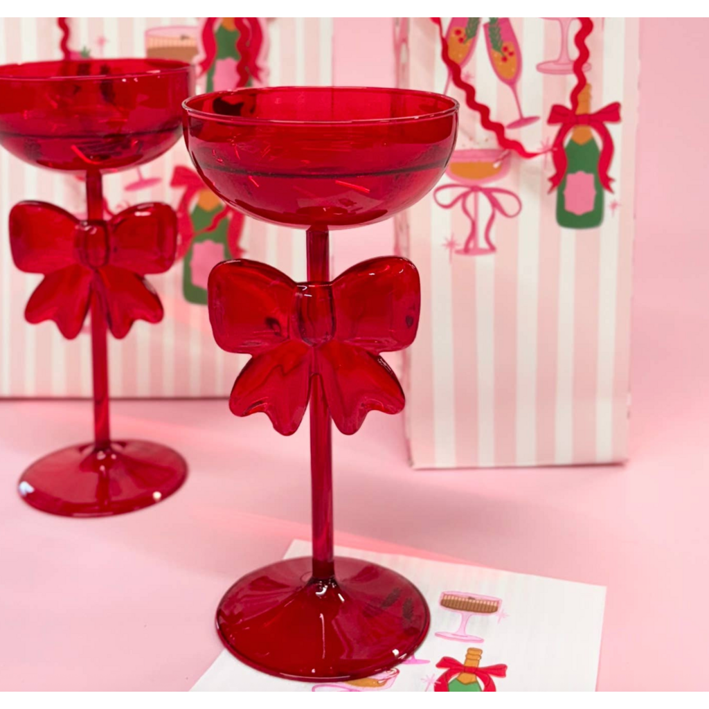 Bow & Bubbly Red Holiday Coupe & Wine Glass