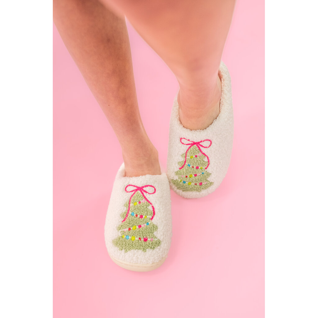 Pink Bow Christmas Tree Slippers - Adult - 4 Sizes
