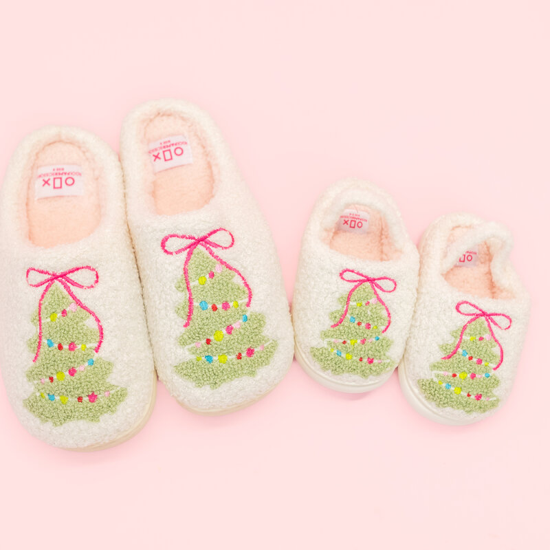 Pink Bow Christmas Tree Slippers