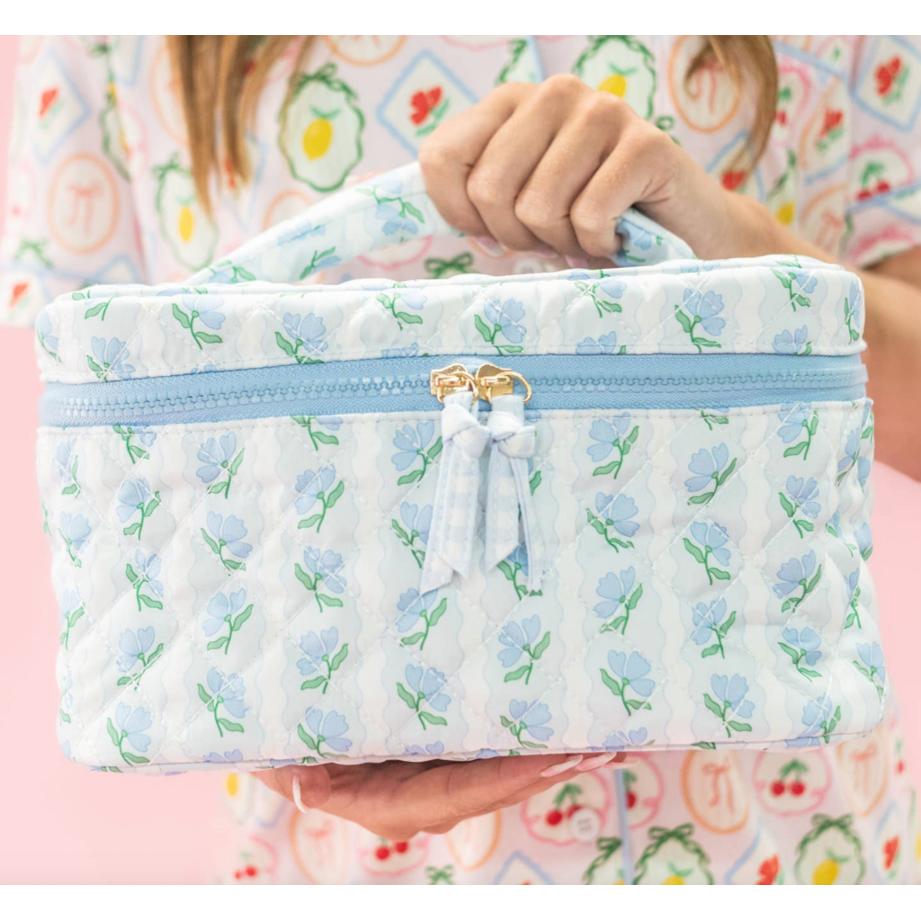 Quilted Cosmetic Bag with Top Handle - Blue Belle Floral