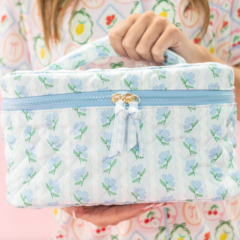 Quilted Cosmetic Bag with Top Handle - Blue Belle Floral