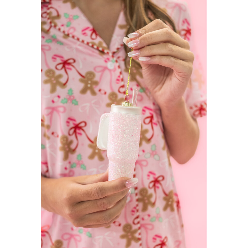 Pink Glittered Trendy Tumbler Christmas Ornament