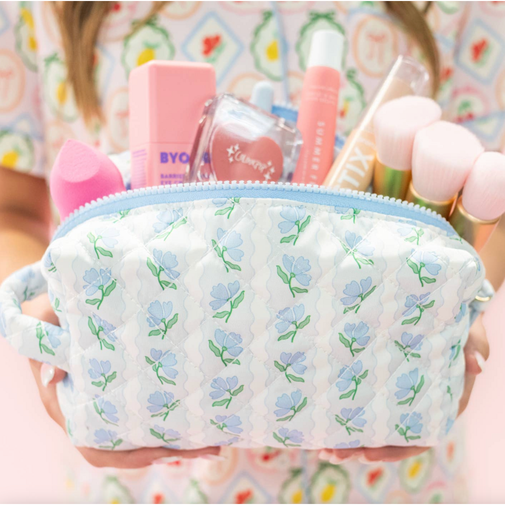 Quilted Cosmetic Pouch with Side Handle - Blue Belle Floral