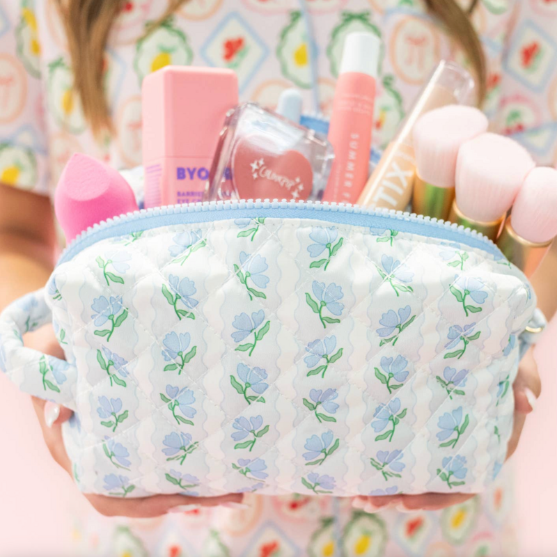 Quilted Cosmetic Pouch with Side Handle - Blue Belle Floral