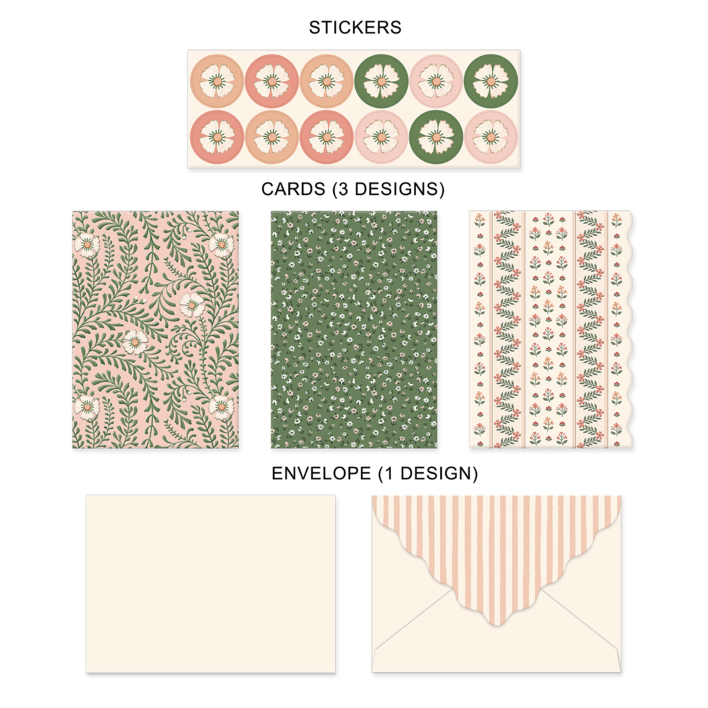Pink Green Floral Stationery Set
