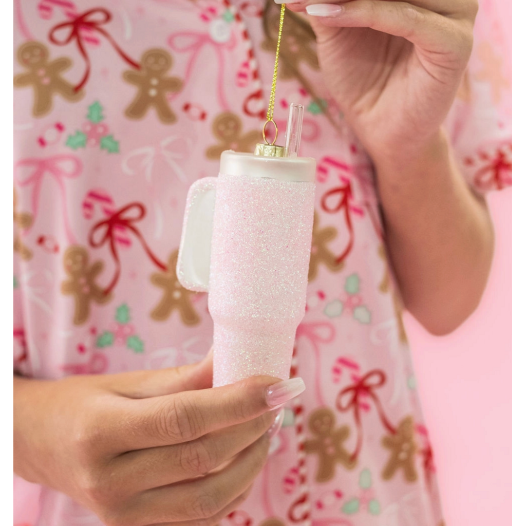 Pink Glittered Trendy Tumbler Christmas Ornament