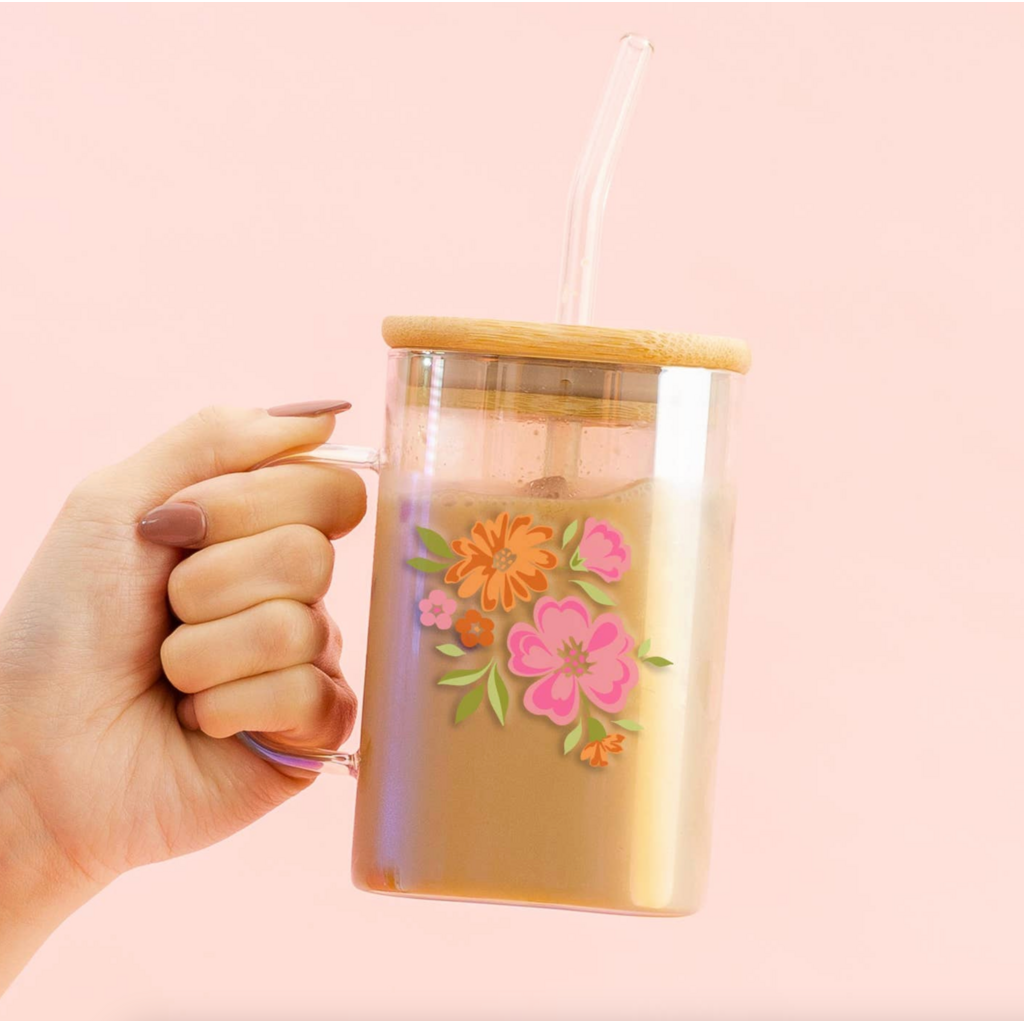 Dainty Floral Pink Square Glass Cup