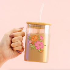 Dainty Floral Pink Square Glass Cup