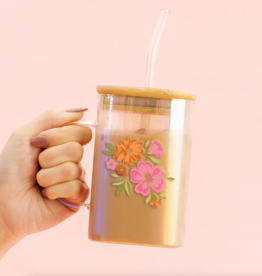 Dainty Floral Pink Square Glass Cup