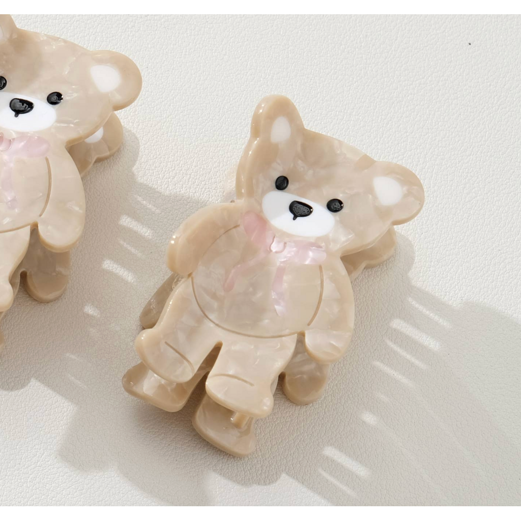 Petite Pink Bow Beige Teddy Bear Claw Clip
