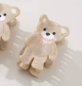 Petite Pink Bow Beige Teddy Bear Claw Clip