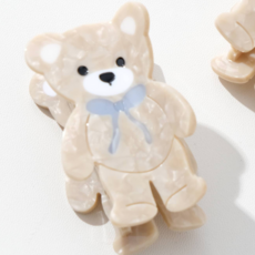 Petite Blue Bow Beige Teddy Bear Claw Clip