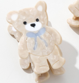 Petite Blue Bow Beige Teddy Bear Claw Clip