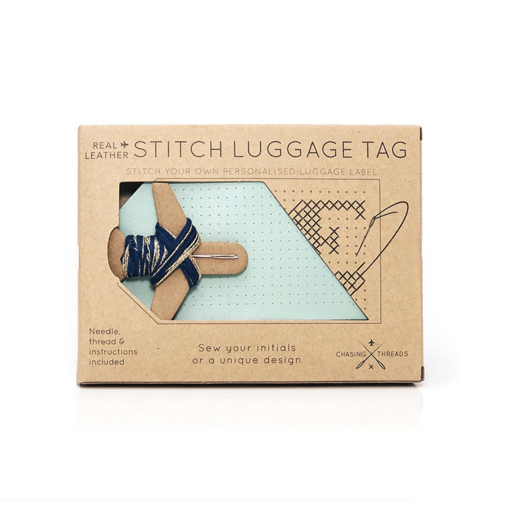 DIY Cross Stitch Luggage Tag Kit Mint with Navy Thread