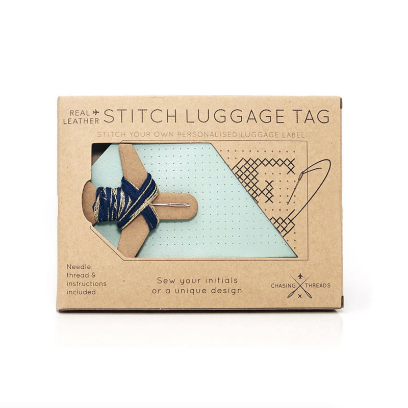 DIY Cross Stitch Luggage Tag Kit Mint with Navy Thread