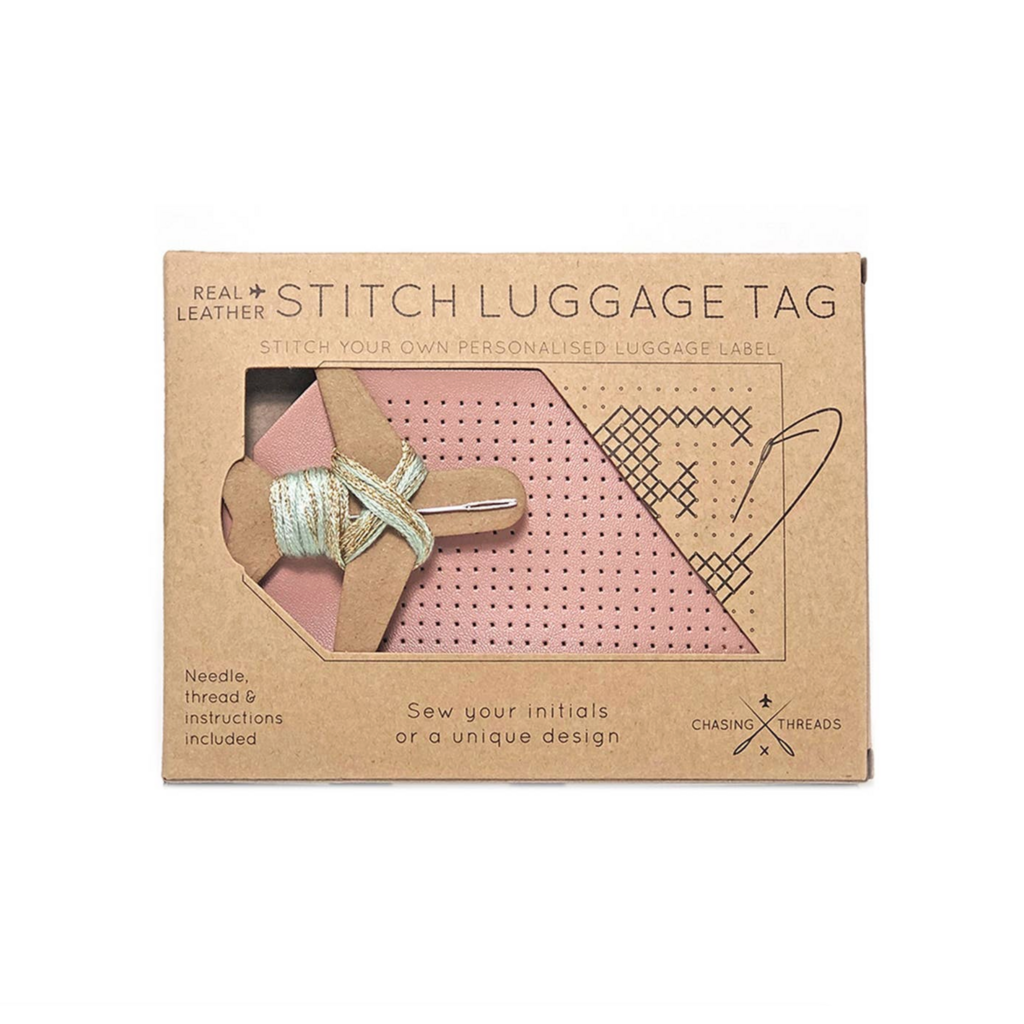 DIY Cross Stitch Luggage Tag Kit - Pink with Red Thread