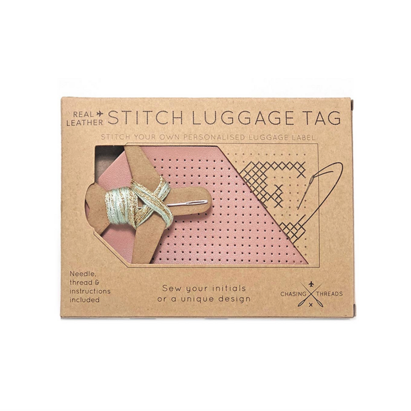 DIY Cross Stitch Luggage Tag Kit - Pink with Red Thread