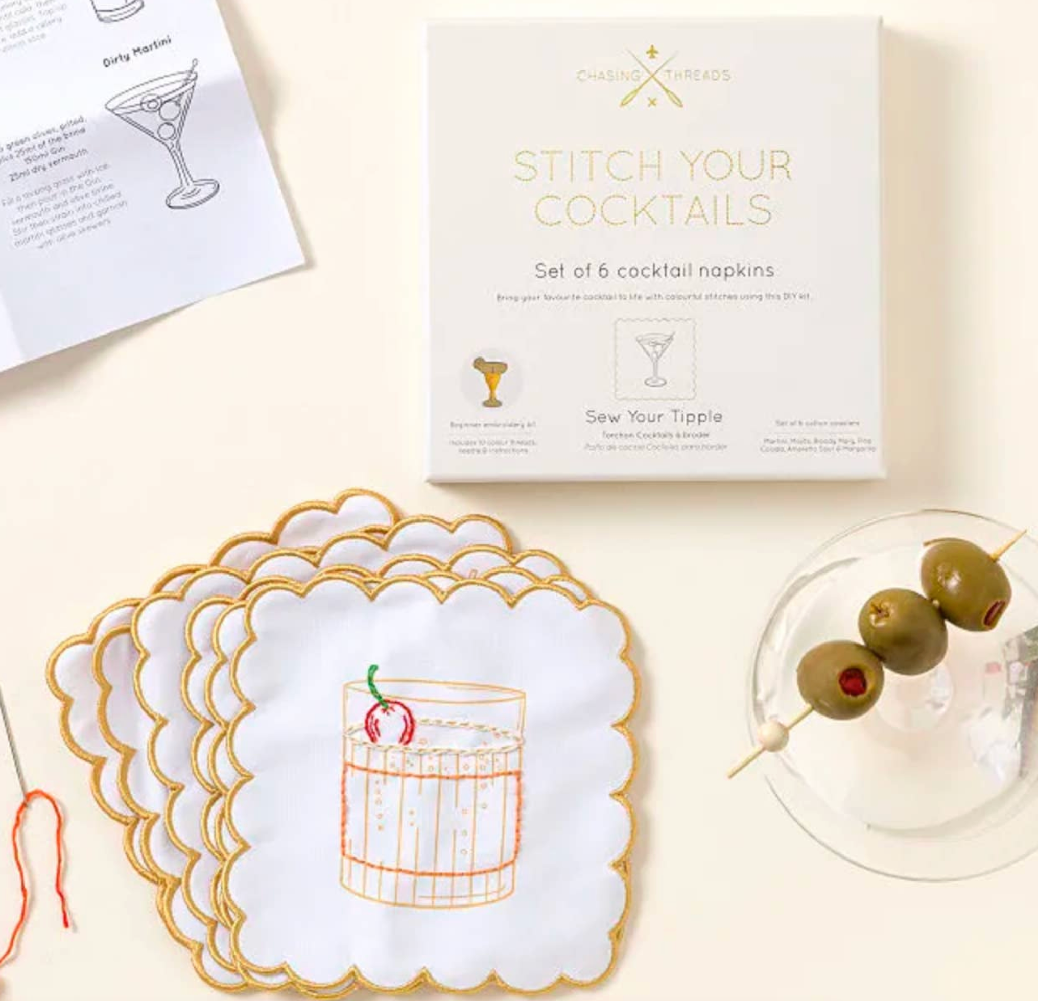 Cocktail Scissors Stitch Your Cocktail Napkin - Cocktail Embroidery Kit - Rock Paper Scissors