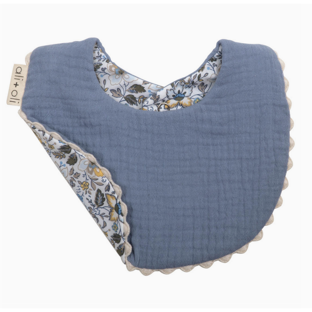 Muslin Cotton Reversable Baby Bib Blue/Flowers
