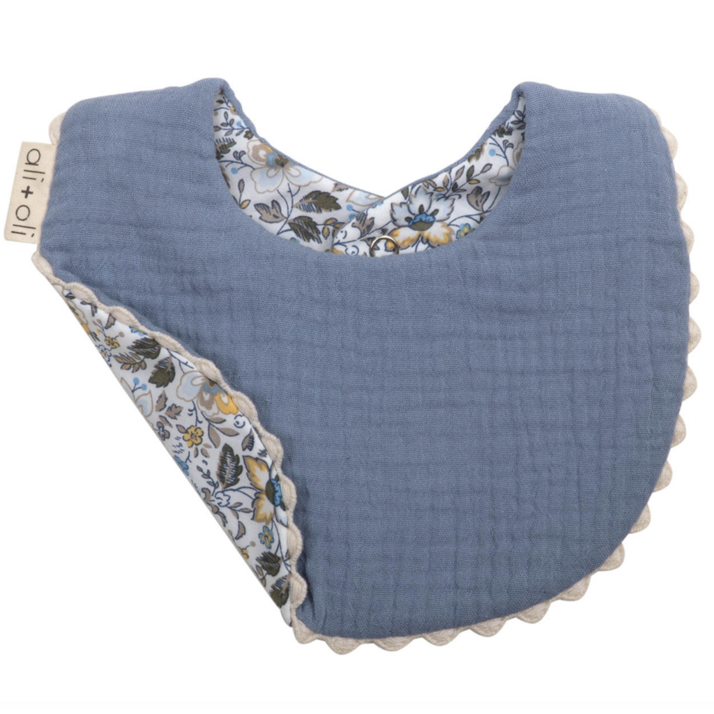 Muslin Cotton Reversable Baby Bib Blue/Flowers