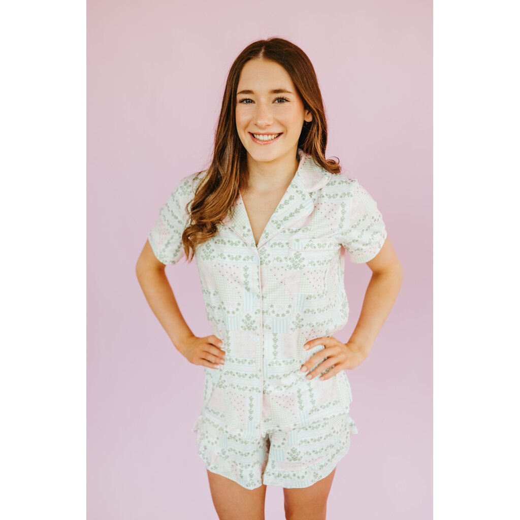 Patchwork Ruffle Hem Shorts Pajama Set