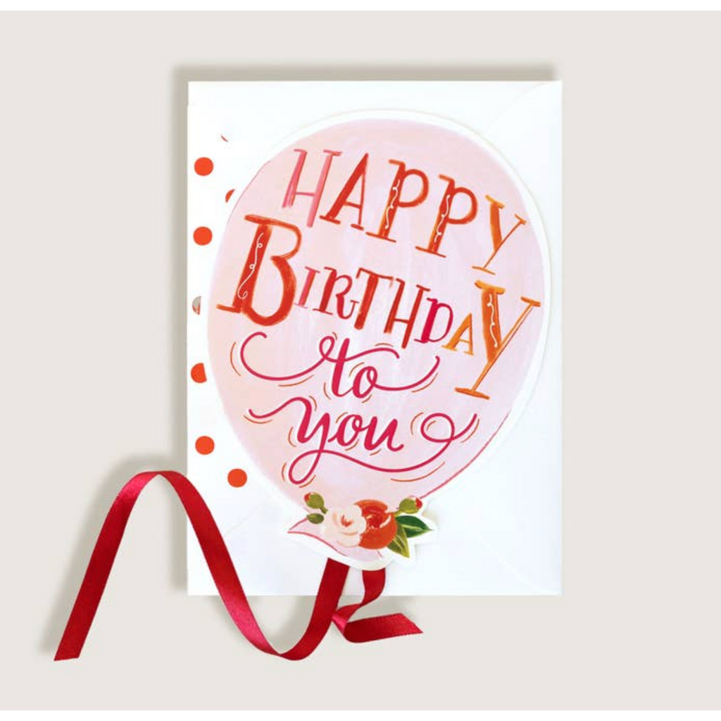 Happy Birthday Light Pink Balloon With Red Ribbon Greeting Card
