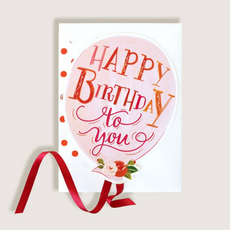 Happy Birthday Light Pink Balloon With Red Ribbon Greeting Card