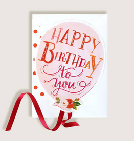 Happy Birthday Light Pink Balloon With Red Ribbon Greeting Card