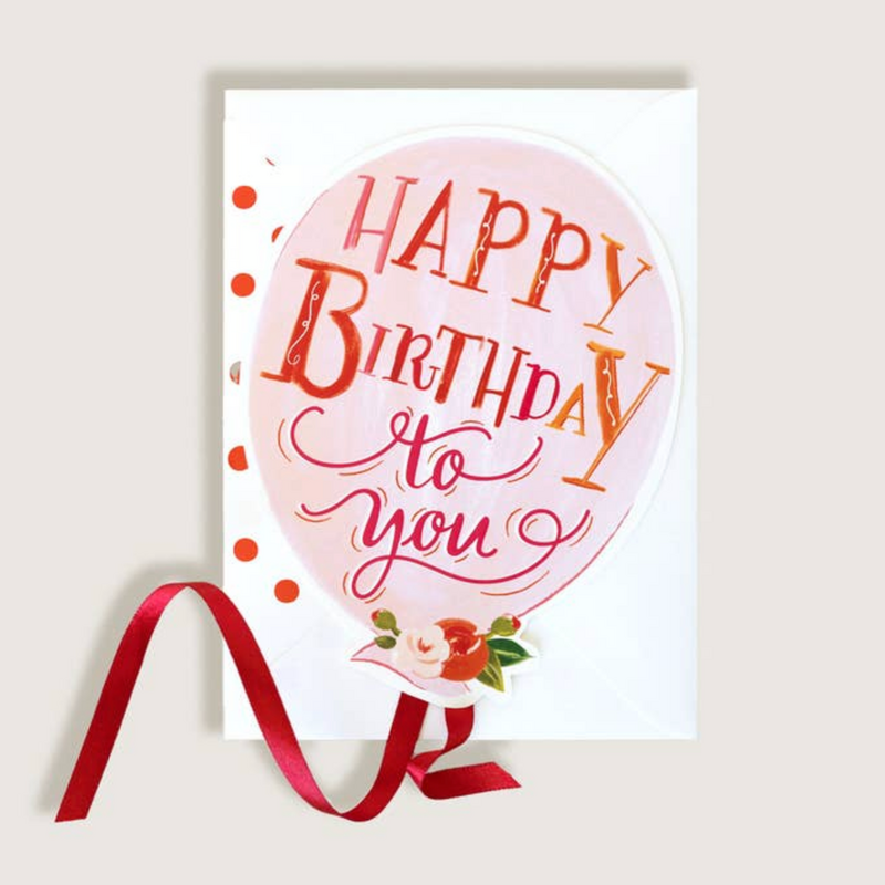 Happy Birthday Light Pink Balloon With Red Ribbon Greeting Card