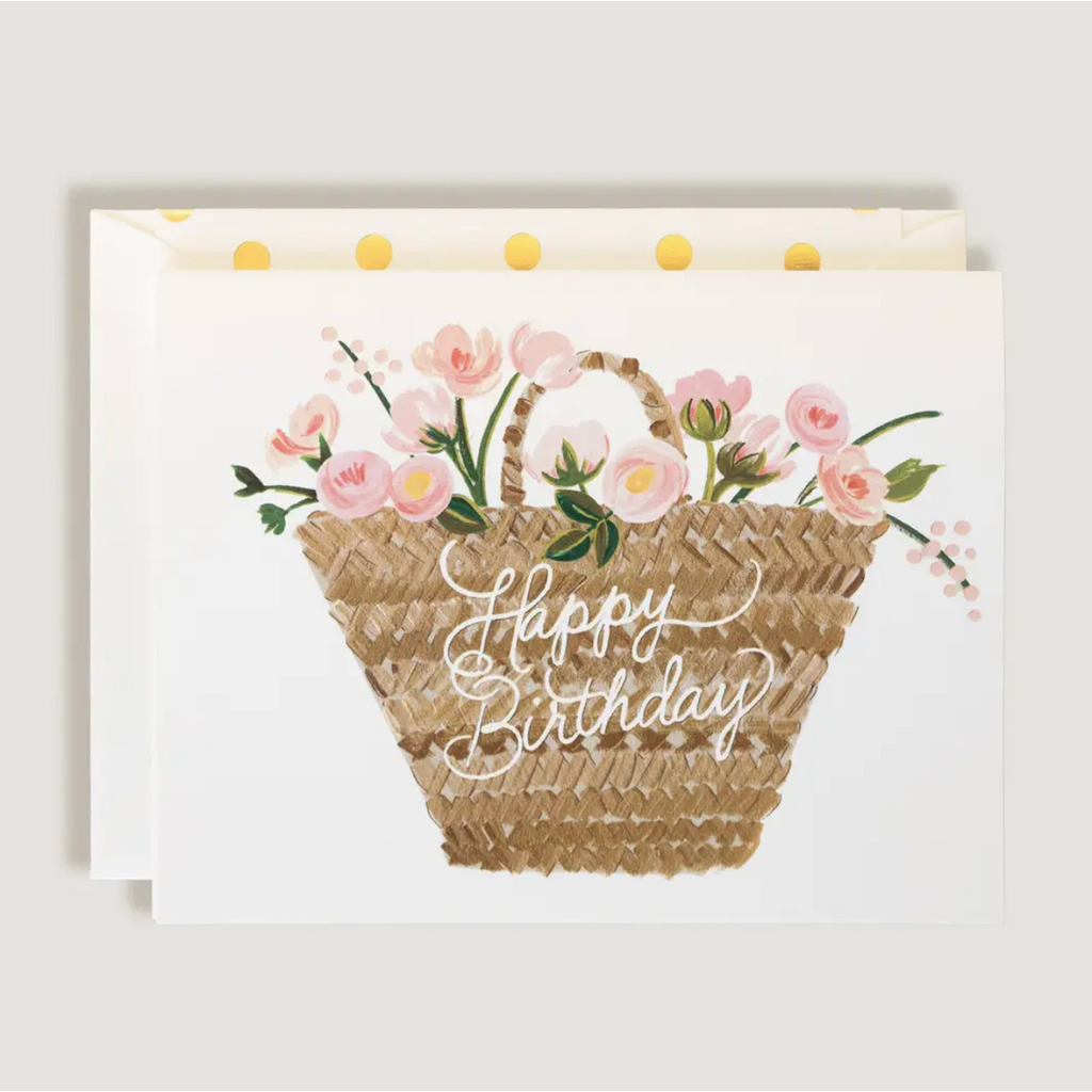 Happy Birthday Tote Basket with Flowers Greeting Card